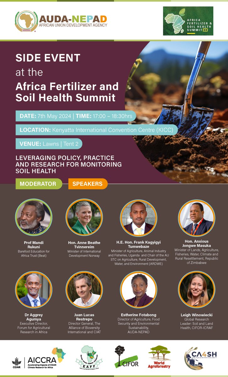 Are you attending the Africa Fertilizer and Soil Health #AFSH24 at Nairobi 🇰🇪 7-9 May? Join CA4SH for a discussion on how to leverage policy, practice and research for monitoring #SoilHealth 🗓️7 May ⏰17:00-18:30 EAT 📍Lawns, Tent 2 Learn More: tinyurl.com/y6ddyuj9