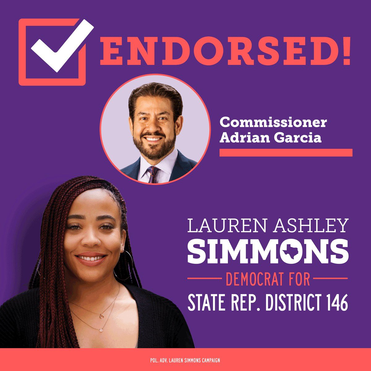 I’m a huge fan of @AdrianGarciaHTX and very honored by his support. Commissioner Garcia said, “I’m inspired by Lauren’s dedication to keeping our communities safe from gun violence, domestic violence, and violence incited by hate, bigotry, and ignorance. #HD146 #txlege