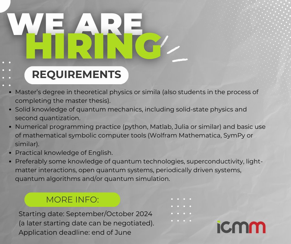 Instituto de Ciencia de Materiales Madrid - CSIC (@icmm_csic) on Twitter photo 💥We are #HIRING!
📌<a href="/r_seoanes/">Rubén Seoane</a> and <a href="/quantopotencial/">José Carlos Abadillo-Uriel</a> are seeking well-qualified, highly motivated, and dynamic young scientists at PhD and Postdoc level in theory and simulation of spin qubits and hybrid semiconductor-superconductor systems. linkedin.com/feed/update/ur… 💥We are #HIRING!
📌<a href="/r_seoanes/">Rubén Seoane</a> and <a href="/quantopotencial/">José Carlos Abadillo-Uriel</a> are seeking well-qualified, highly motivated, and dynamic young scientists at PhD and Postdoc level in theory and simulation of spin qubits and hybrid semiconductor-superconductor systems. linkedin.com/feed/update/ur…