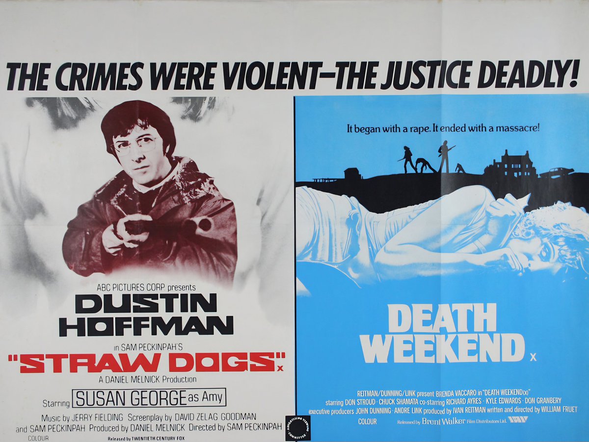 UK double-bill movie poster for #StrawDogs (1971 - #SamPeckinpah #DustinHoffman #SusanGeorge) & #DeathWeekend (1976 - #WilliamFruet #BrendaVaccaro #DonStroud)