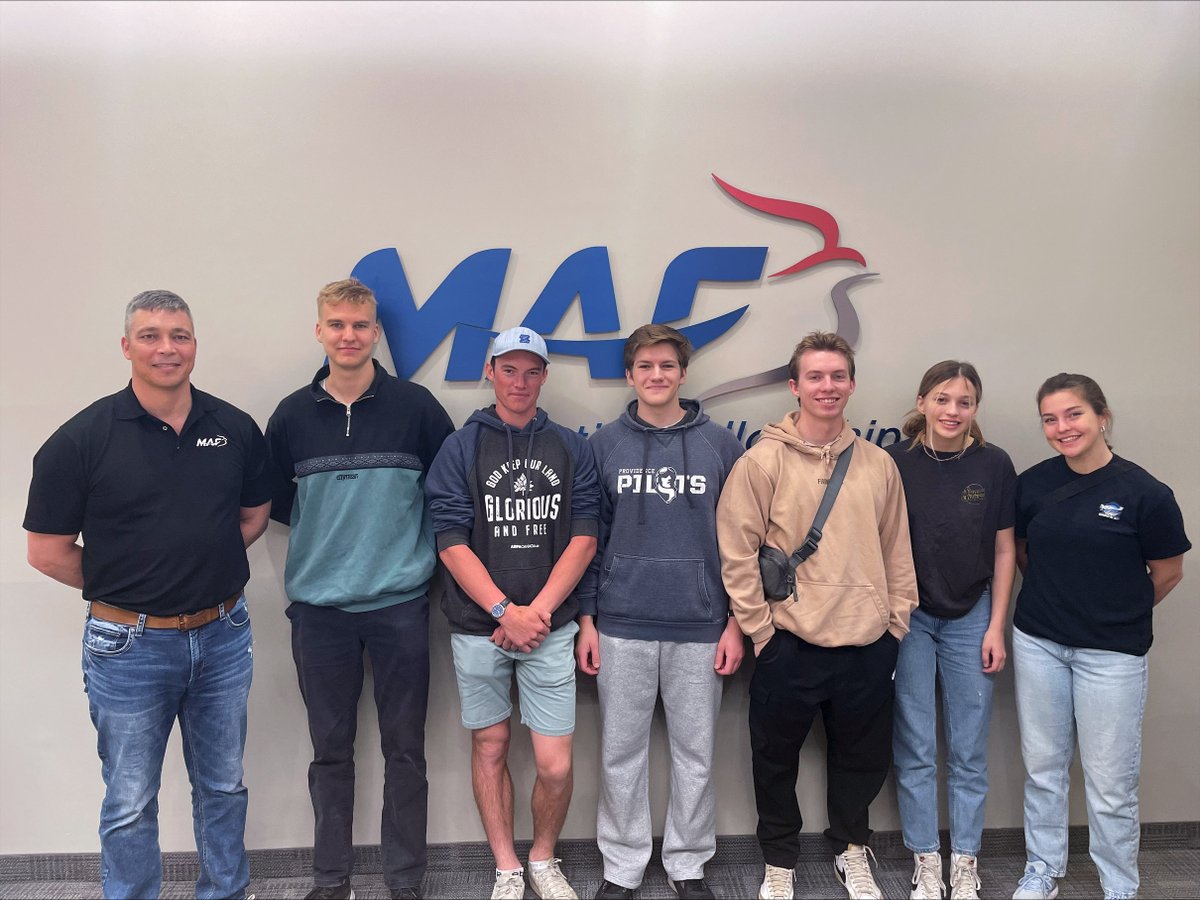 Some young pilots stopped by the office Friday on their way to visit our program in Uganda. L-R: MAF Recruiting Manager Matt Eagar, Mark Kanwischer, Lucas Gunnink, Tobias Scruggs, Davy Maretzki, Brooklyn Cottier, & Kate Hanson. Pray as they consider their futures with MAF.