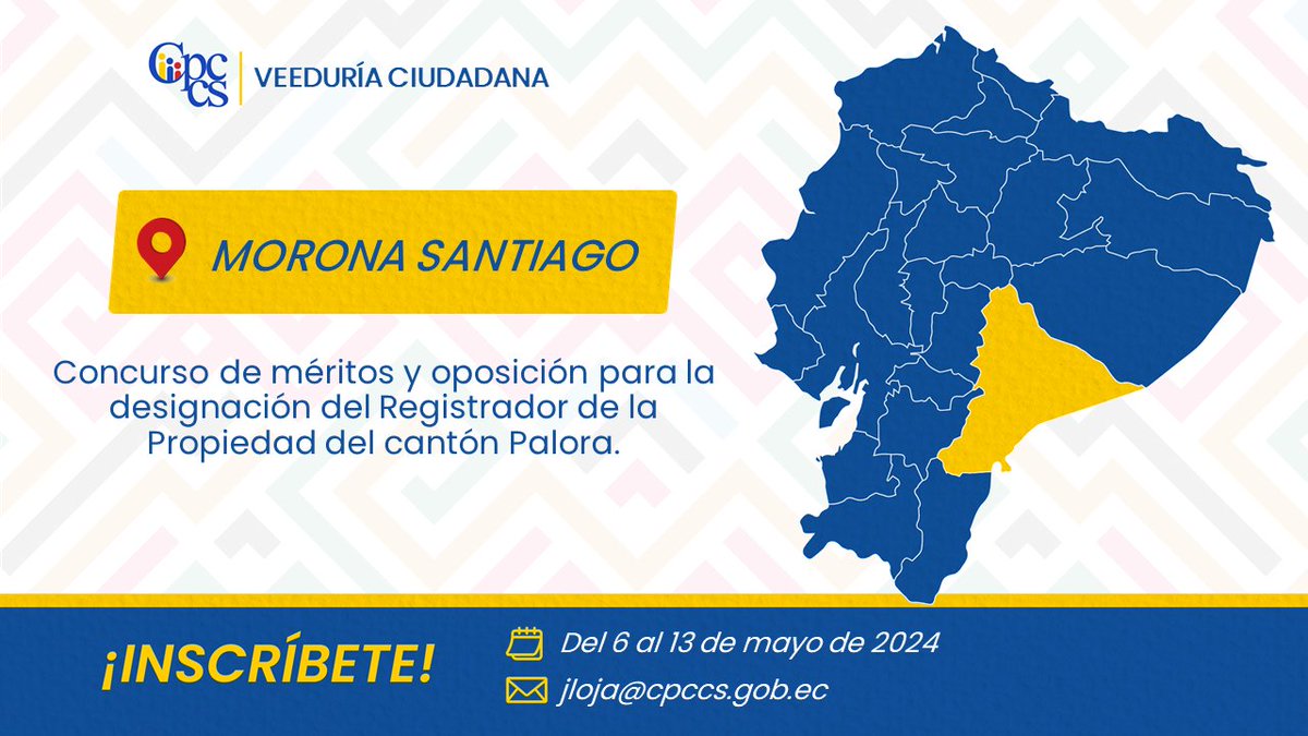 #Morona | #CPCCS  convoca a conformar la Veeduría Ciudadana  para la designación de Registrador del cantón Palora.
Link: cpccs.gob.ec/2024/05/veedur…     
#ConsejoEnTerritorio