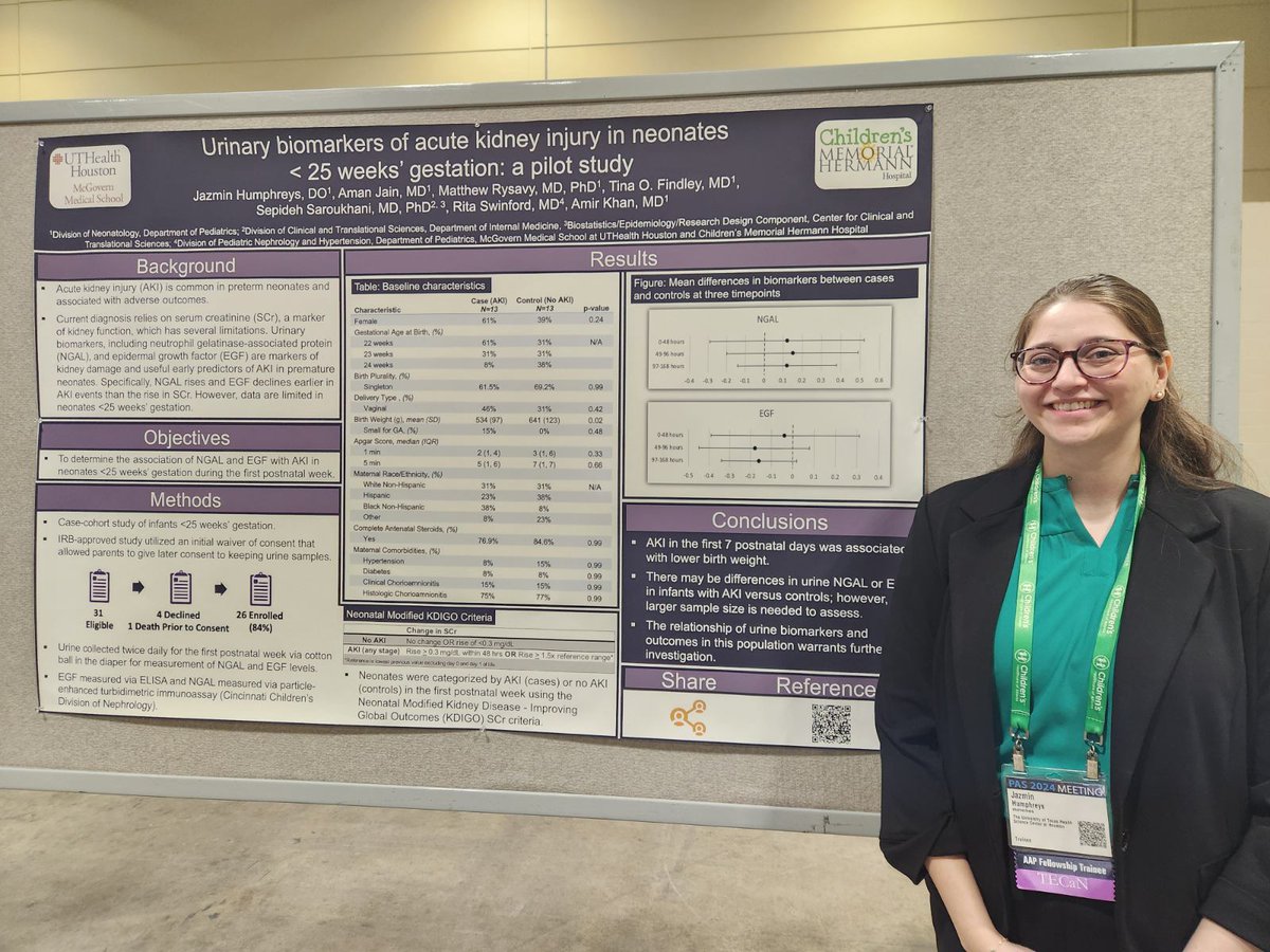 Congratulations to Dr. Jazmin Humphreys, NICU Fellow, on her poster presentation at PAS on Urinary biomarkers of acute kidney injury in neonates < 25 weeks' gestation: a pilot study. #PAS2024 #PASMeeting