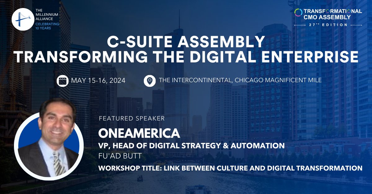 Mill_All's tweet photo. We’re excited to announce, that Fu'ad Butt, Vice President, Head of Digital Strategy & Automation at @OneAmerica will be speaking at our Transformational CMO Assembly on May 15-16th at The InterContinential in Chicago. Click here to learn more: https://t.co/VGSvjyhvBN https://t.co/hPvlhyV9JI