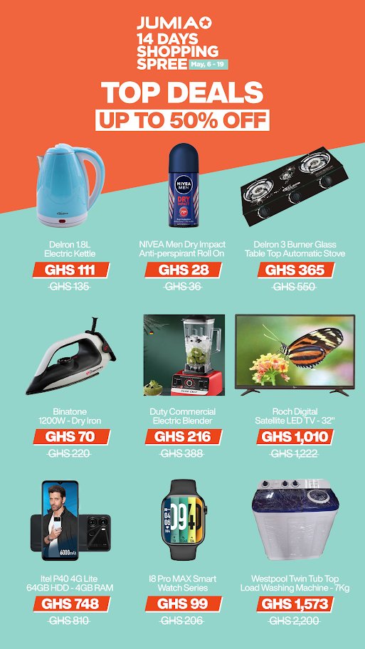 Top Deals for you!

Click here to shop>>> bit.ly/3wohY8y

#JumiaGhana #jumia #JumiaDeals #deals #dealsdealsdeals