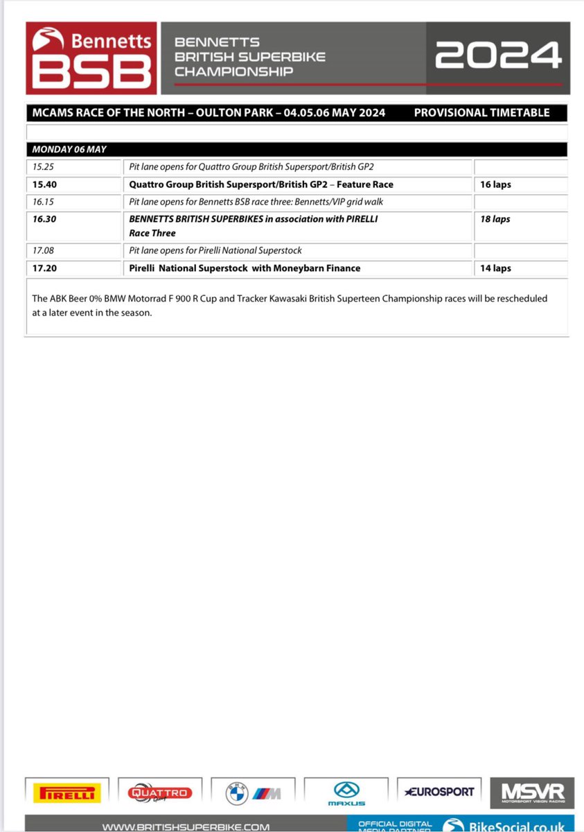 At the start of the warm up lap for the ABK Beer 0% BMW Cup race a multiple bike incident occurred.
 
Six riders were taken to the medical centre and the incident management is ongoing.
 
The event programme will restart in due course following the confirmation of all