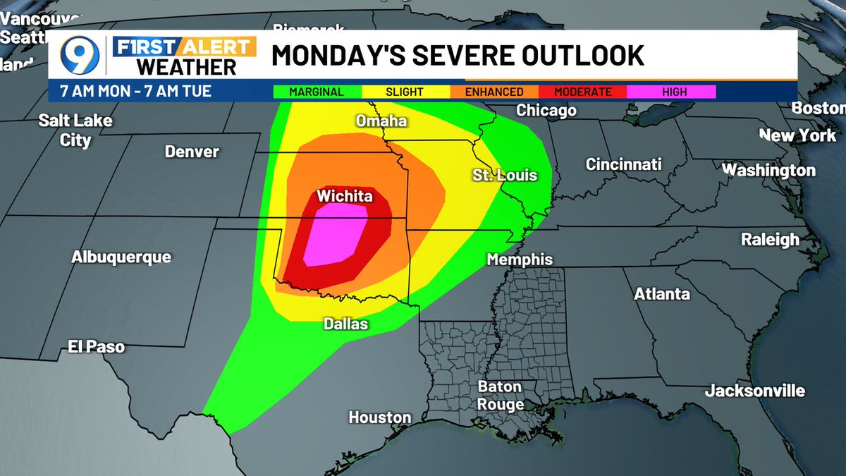 WEATHER ALERT: SPC just upgraded the severe threat today between Oklahoma and Wichita to a level 5 HIGH risk. Very dangerous situation out there!