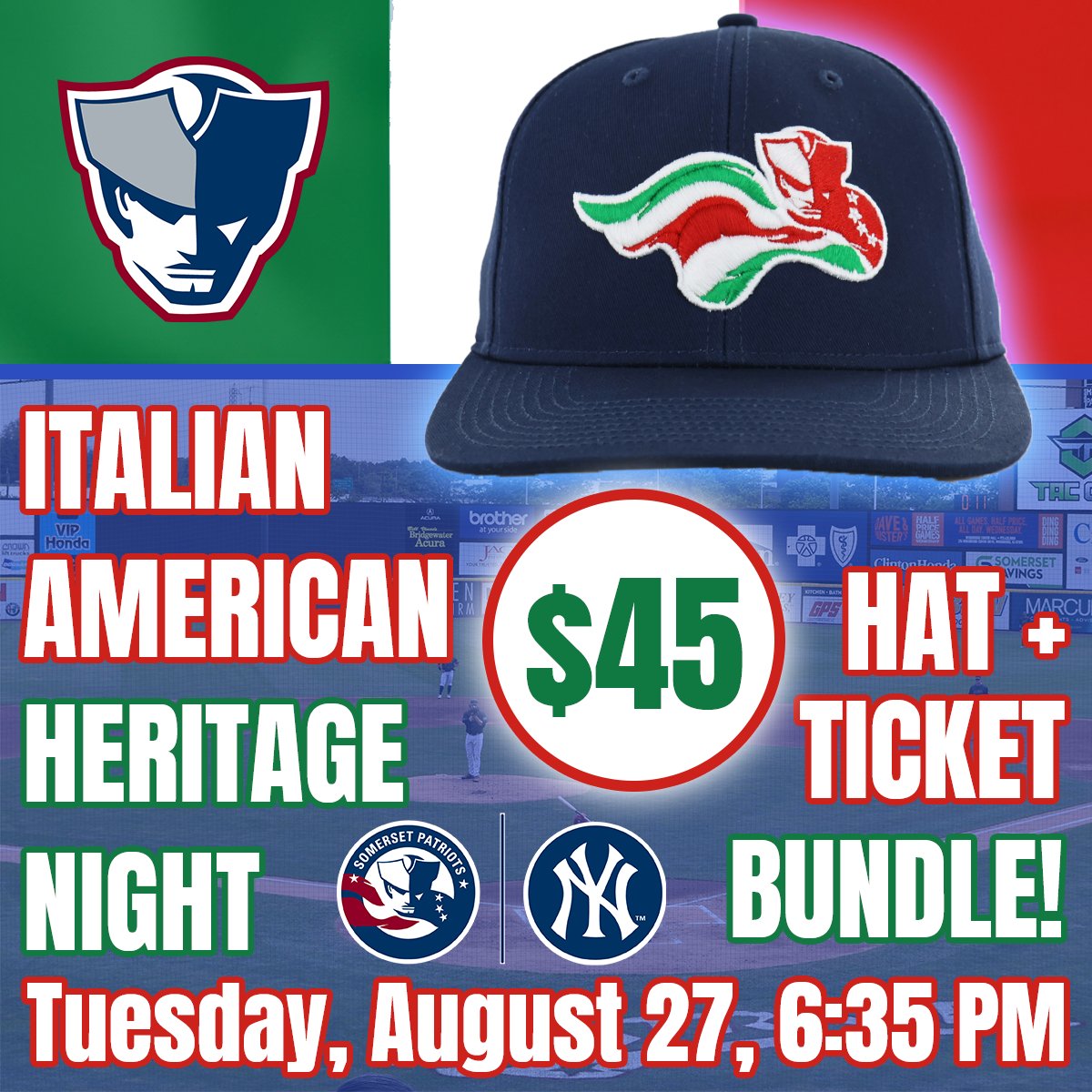 Join us for Italian American Heritage Night on August 27th and bundle your ticket with this exclusive Italian flag themed hat!🤌🏼 🇮🇹 | bit.ly/3wroxr1