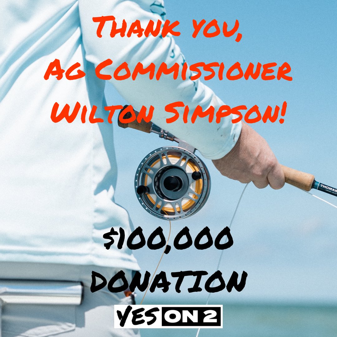 Big shout out to Agriculture Commissioner @WiltonSimpson for his generous $100,000 donation to Yes on 2! He’s committed to preserving the right to fish and hunt in Florida’s Constitution and we’re happy to have him on our side in this fight.