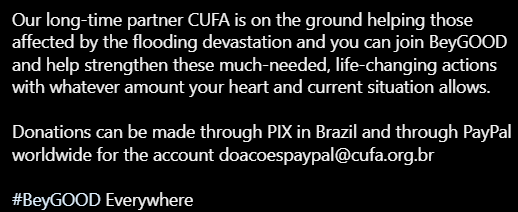 teusimoni's tweet image. Fundação de @Beyonce ajudando a divulgar como apoiar as vítimas do Rio Grande do Sul

#Beygood