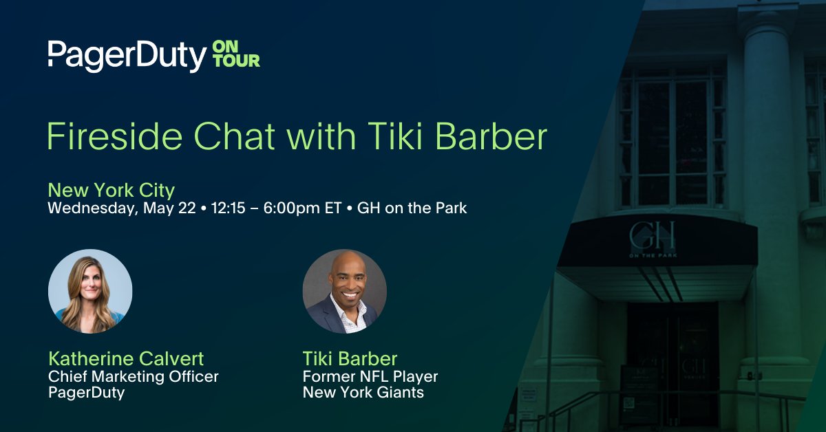 🏈 Get ready, New York City! We're thrilled to have former @Giants player @TikiBarber joining us at #PagerDutyOnTour for an engaging fireside conversation with our CMO, Katherine Calvert (@kpcalvert). Session details and registration ➡️ bit.ly/4aYt5nZ