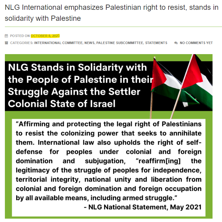 National Lawyers Guild is a malicious group, its law school chapter organized the attacks on me in 2020, not surprised that on OCTOBER 8 - the day after worst massacre of Jews in almost 70 yrs done with a brutality worthy of the Gestapo, @NLGnews supported 'right to resist'
