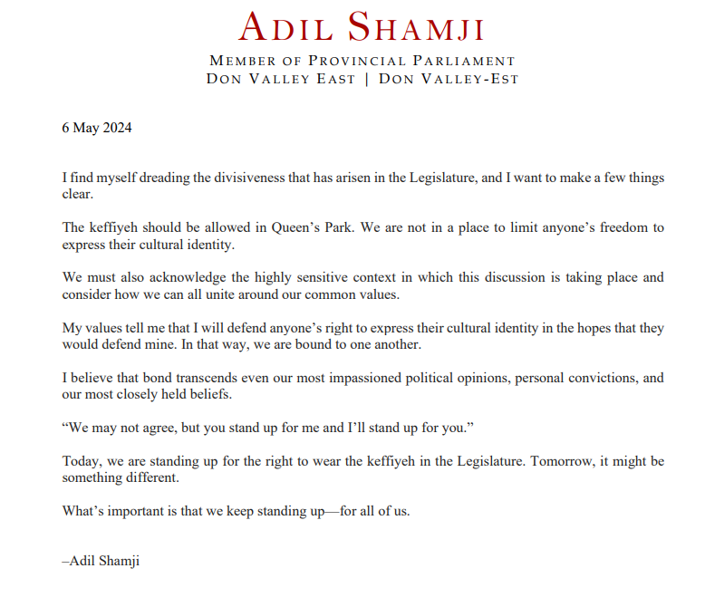 NEW: In a statement, Liberal MPP Adil Shamji says the party will be 'standing up for the right to wear the keffiyeh in the legislature.' He also says he's 'dreading' the divisiveness in the legislature. #onpoli