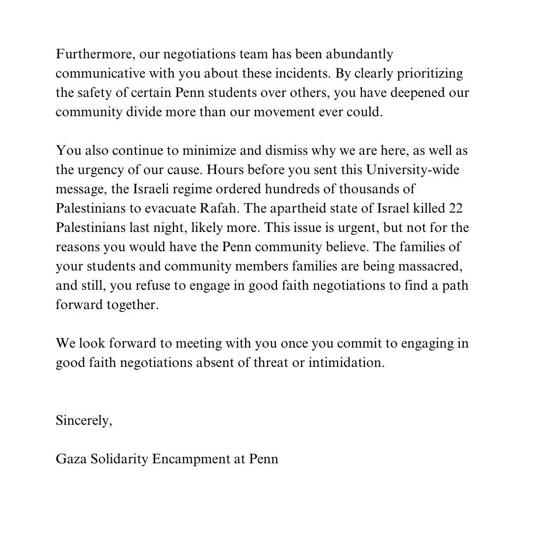 The Gaza Solidarity Encampment at Penn’s response to this morning’s university notification 🇵🇸