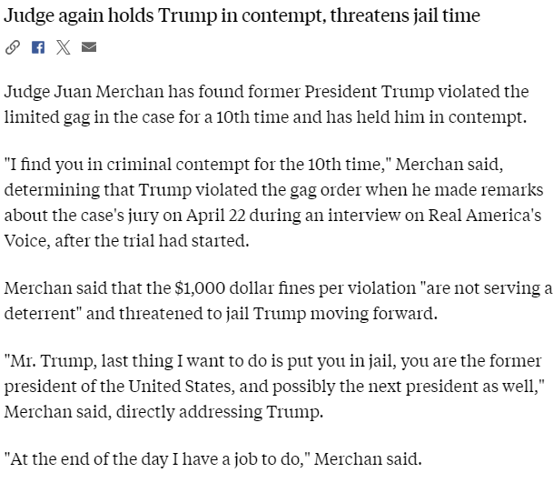 Many people are, quite understandably, stating that #FraudInChief should be jailed for its contempt violations. I think it is a double edged sword, though. I think it is angling to get jailed (probably in time to miss Melanoma's son's graduation 👍😉🤭) but has greatly…