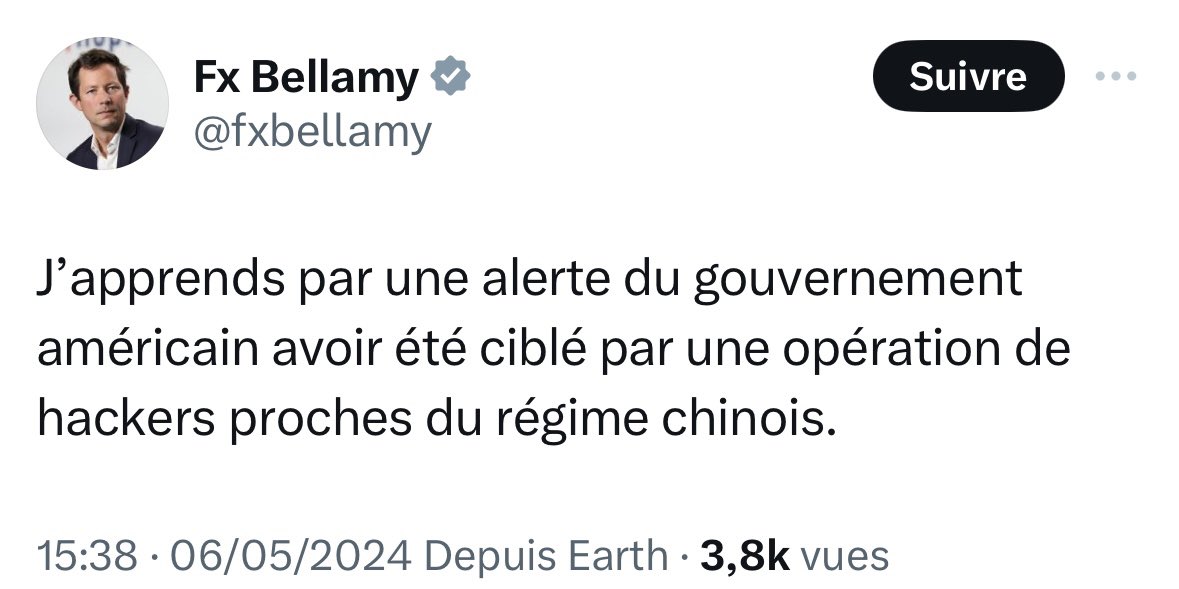 Après les espions pro-chinois qui ciblaient Glucksmann, voilà les hackers chinois qui ciblent Bellamy (cf ⤵️) 

Mais bien sûr !…Encore une info venue des champions de #Viginum on imagine 😂

Et bien entendu, tout ça permettra :
1. De justifier la censure des réseaux sociaux,