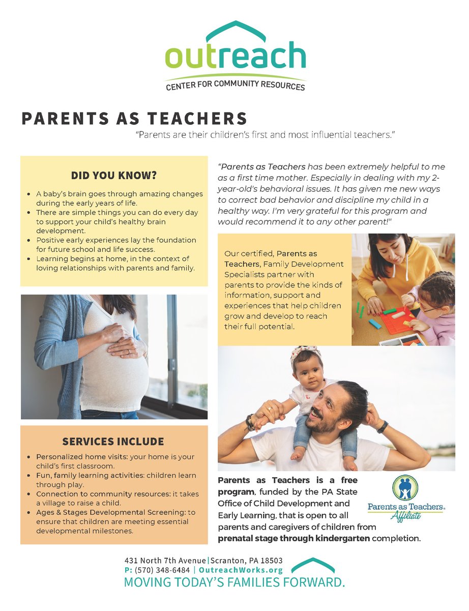 Outreach provides the evidence-based Parents as Teachers program. This program provides home visits to families. For more information, please contact Outreach. #ParentsasTeachers #Parenting #familysupport #OutreachCenterforCommunityResources #lackawannacounty #familystability