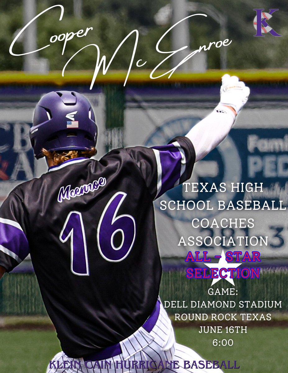 Congrats to our very own Cooper McEnroe for being selected to the 2024 THSBCA All-Star Game. The Klein Cain Baseball Family is very proud of all that you've done for our program the last 4 years. #REIGNCAIN @KCAINATHLETICS @KleinISDAth @CooperMcenroe @THSBCA @thsbcaStar