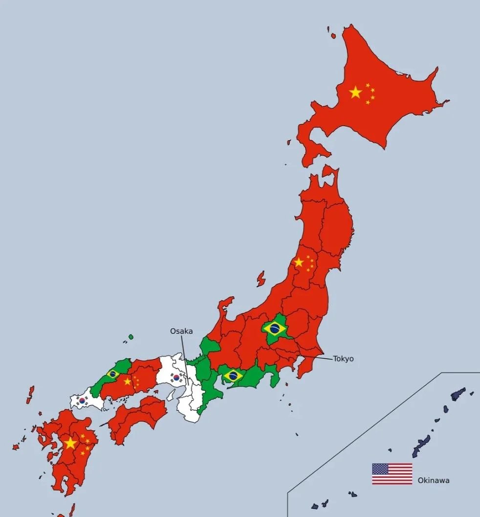 Most foreign nationals in each japanese prefecture.