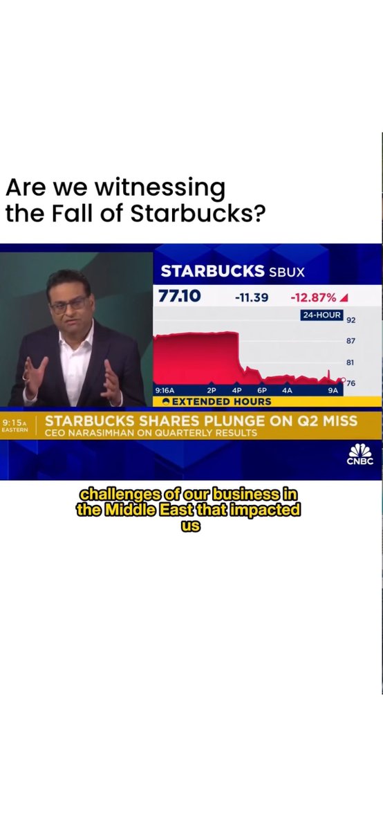 CNBC’ye konuşan Starbux CEO’su Narasimhan: “Ortadoğu’daki gelişmeler şirketi çok olumsuz etkiliyor.” (Ekranda da “Starbux çöküyor mu?” sorusu.)