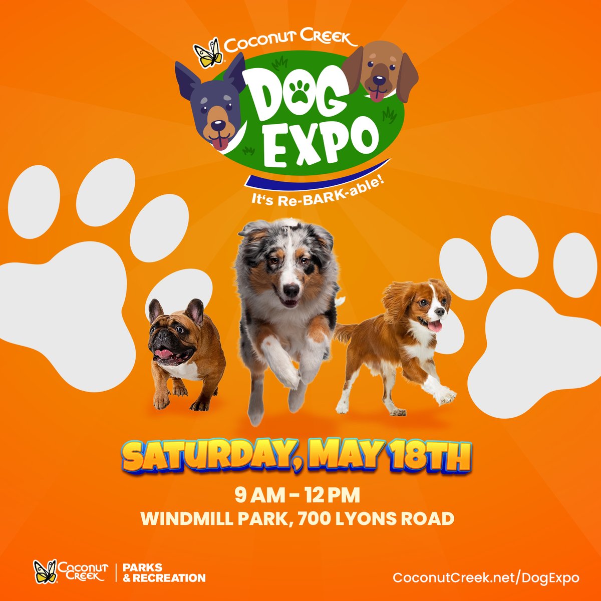 🐾 Come to Coconut Creek's Dog Expo! 🐾 📅 When: Saturday, May 18th 🕘 Time: 9:00 AM - 12:00 PM 📍 Where: Windmill Park, 700 Lyons Road For questions and more details, call 954-545-6698 or visit CoconutCreek.net/DogExpo.