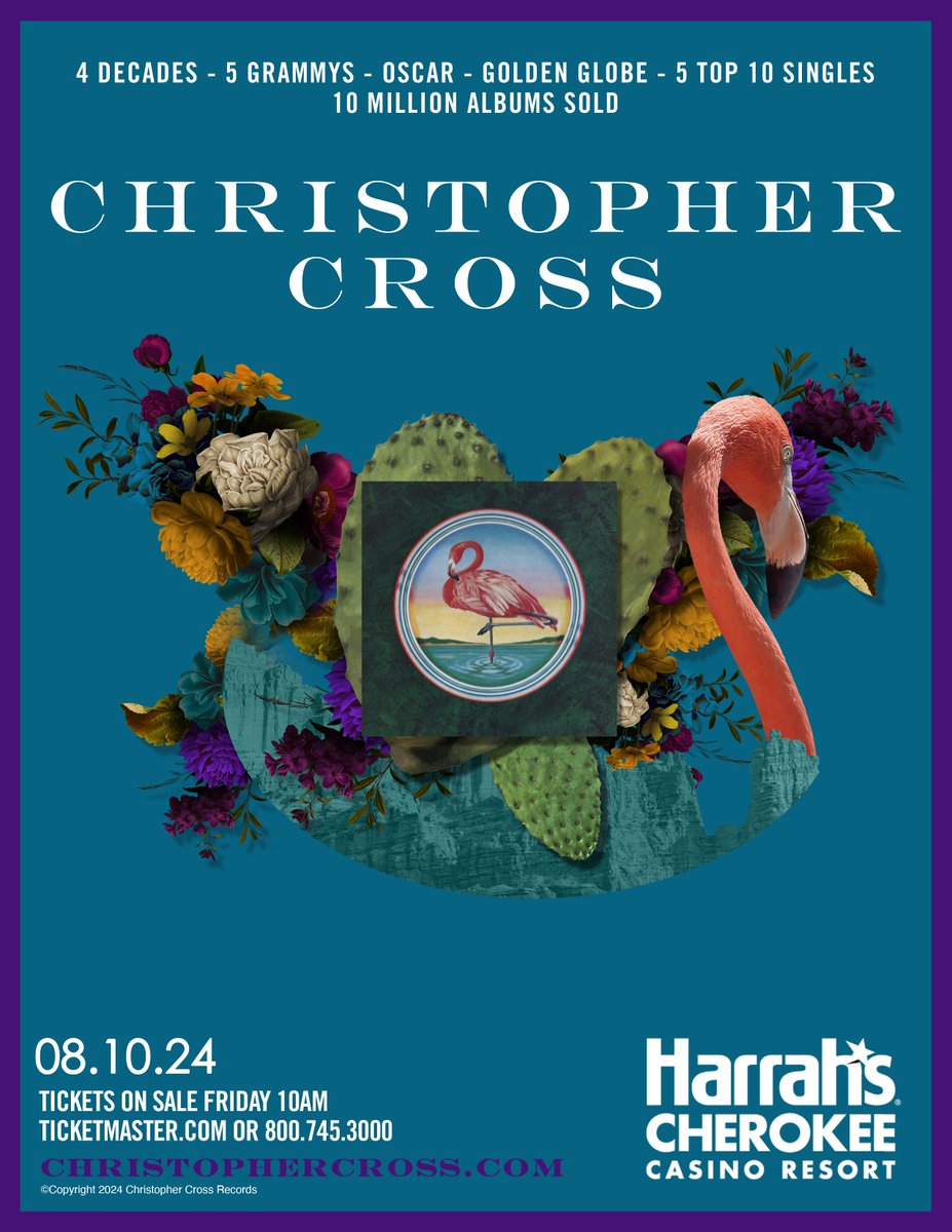 Get ready for August 10! Christopher Cross is coming to Harrah's Cherokee Casino Resort. Use code FBCROSS this Wednesday at 10 AM to get your tickets. bit.ly/3OegIuH