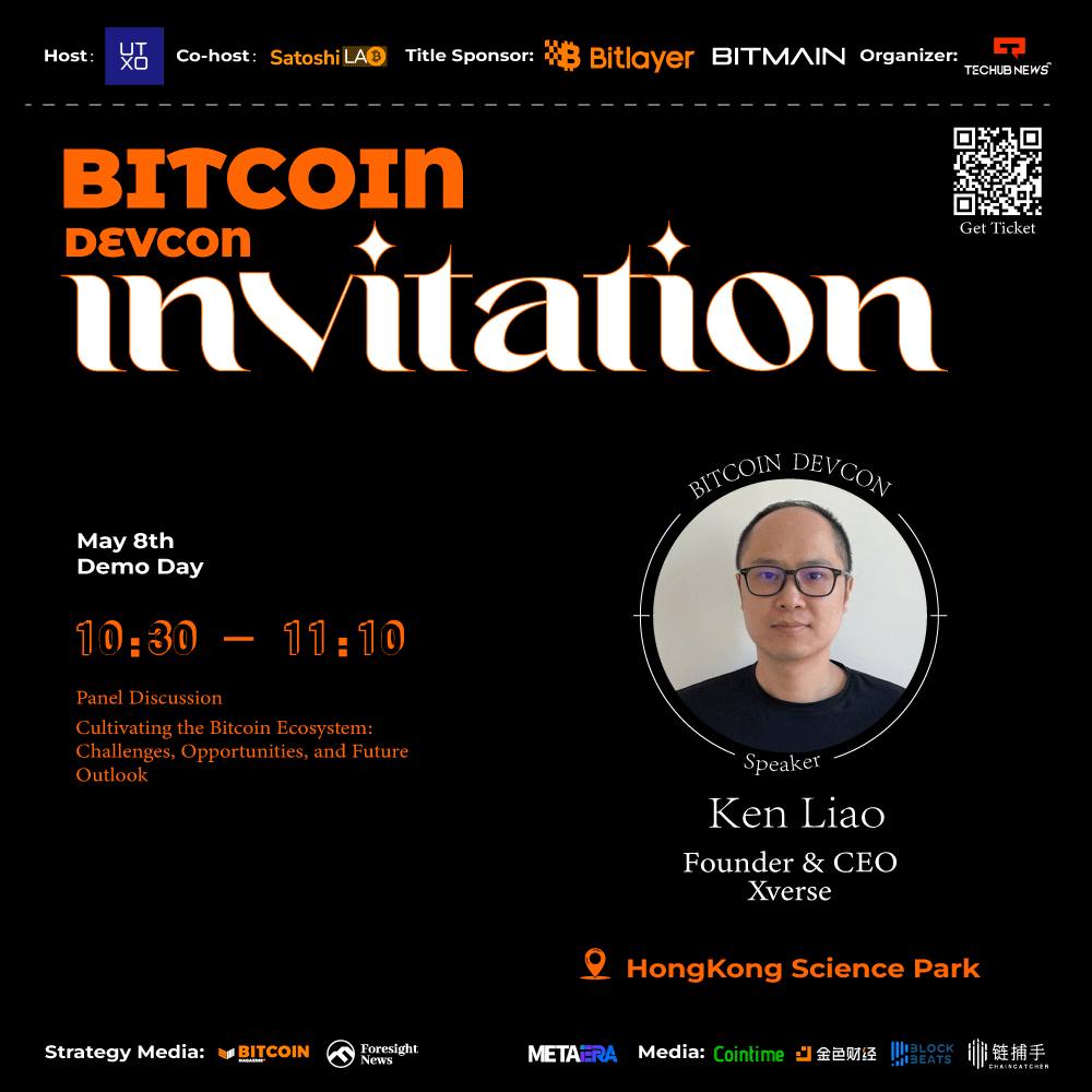 Ready to kick off Hong Kong Bitcoin Week? Meet our founder & CEO, @YukanL at Bitcoin Devcon for an insightful panel discussion on the Bitcoin ecosystem! 📅 May 8 at 10:30 AM 📍 Hong Kong Science Park