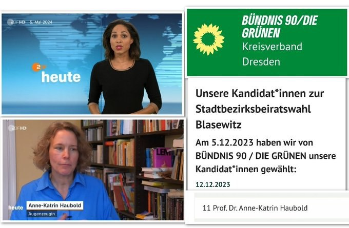 Manipulation von Zuschauern bei ÖRF geht weiter!
Bei ZDF heute wird eine Augenzeugin aus Dresden interviewt, die den Angriff auf #MatthiasEcke an 'SA Schlägertrupps' erinnert. Dass diese Grünen Politikerin ist, wird nicht erwähnt.