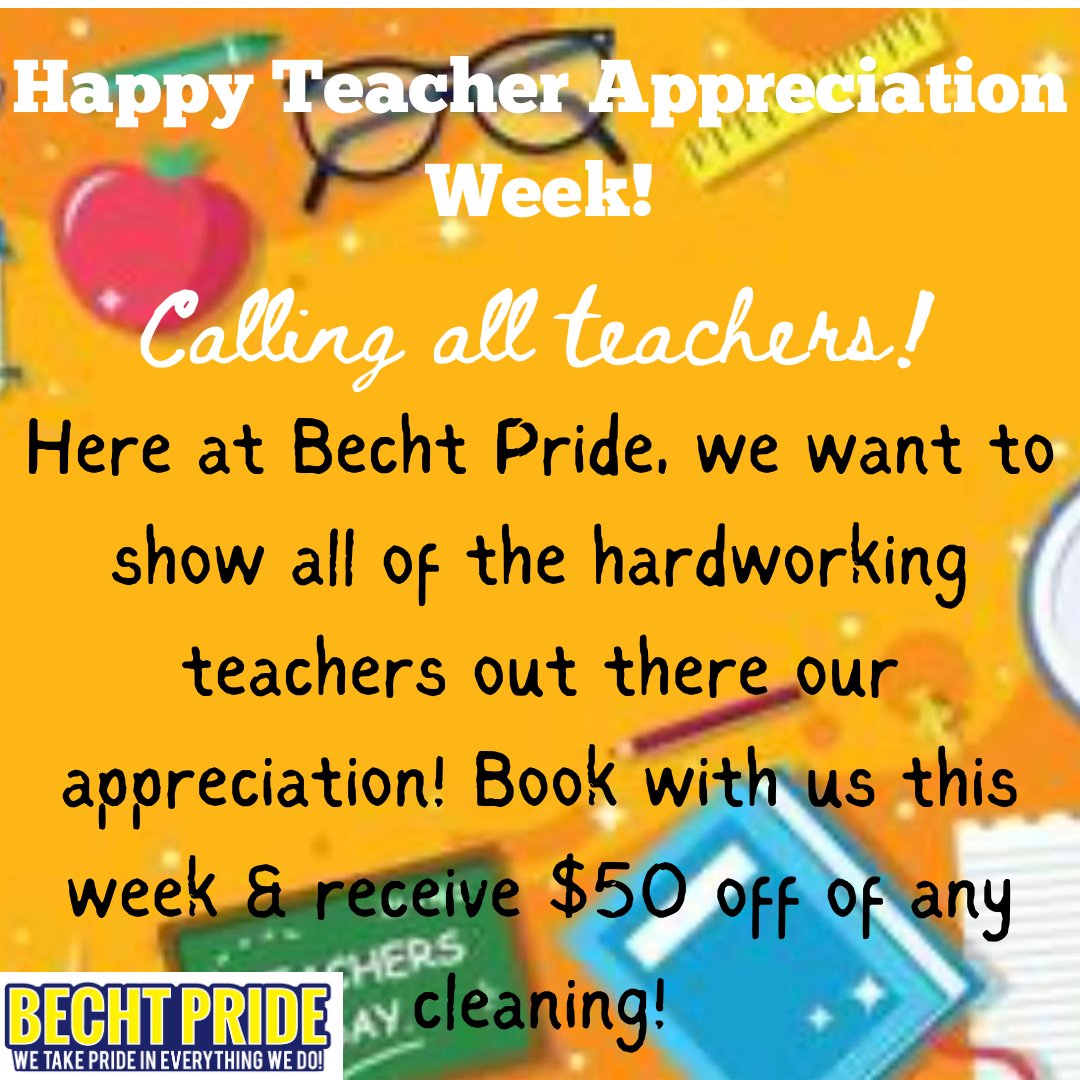 🌟 Celebrate Teacher Appreciation Week with us! Get $50 off any one cleaning as a thank you to our amazing educators. Don't forget to share or tag the special educators in your life! 🍎 

#bechtpride #teachers #teacherappreciation #education #community #educators