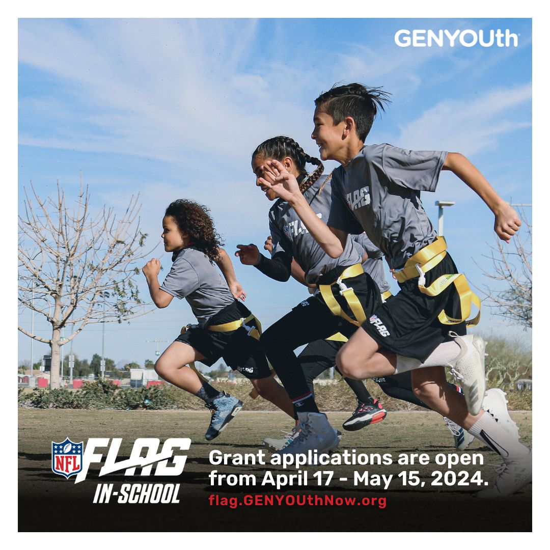 .@GENYOUthNow’s NFL FLAG-In-School is proven to increase girls’ participation in #PhysicalActivity and is helping to fuel a movement toward girls’ flag football as a varsity sport. Help empower girls to get on the field – apply for a #NFLFLAGInSchool kit today!