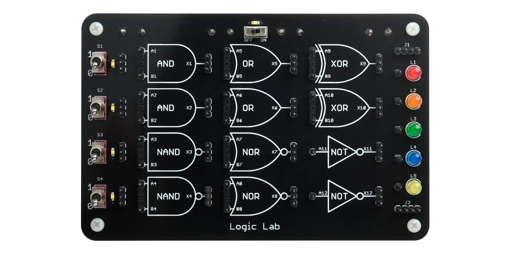 This new version of my Logic Lab uses discrete "1G" CMOS logic gates rather than an AVR microprocessor. Like the original, it provides a selection of 12 logic gates that you can interconnect with patch cables to make a variety of different logic circuits: technoblogy.com/show?4ODG