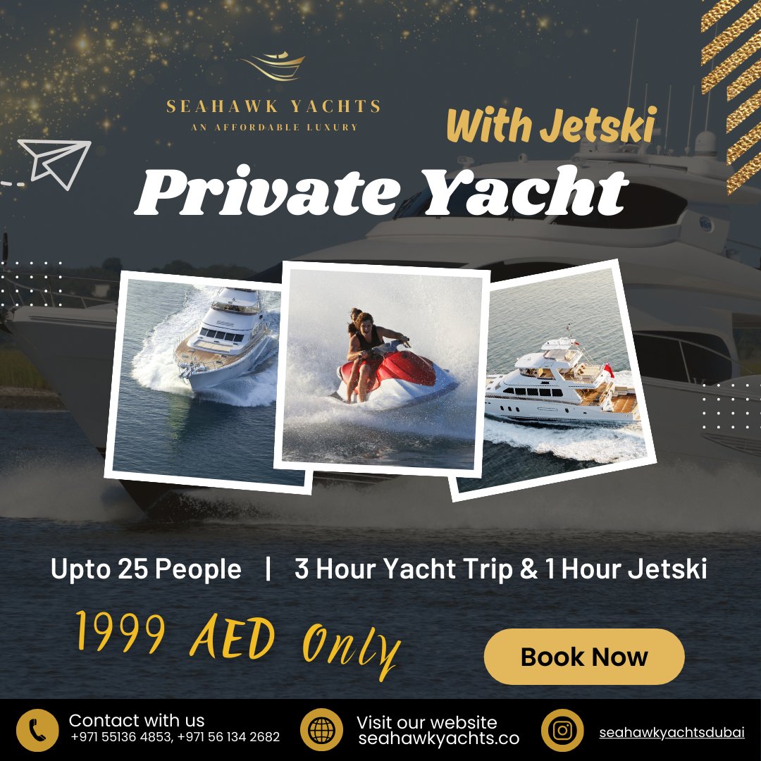 'Set sail on an unforgettable adventure with our private yacht package! 🚤💦 For just 1999 AED, enjoy 3 hours of luxurious yacht cruising for up to 25 guests, plus an exhilarating 1-hour jet ski experience. Dive into the thrill of the waves and the calm of the sea all in one day.