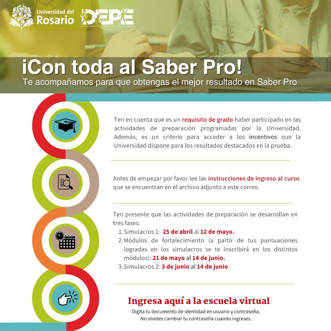 Te invitamos a desarrollar las actividades de preparación en competencias genéricas Saber Pro, que te ayudarán a fortalecer habilidades para tu egreso

Escuela virtual 👉escuelavirtualese.com/login/index.php
