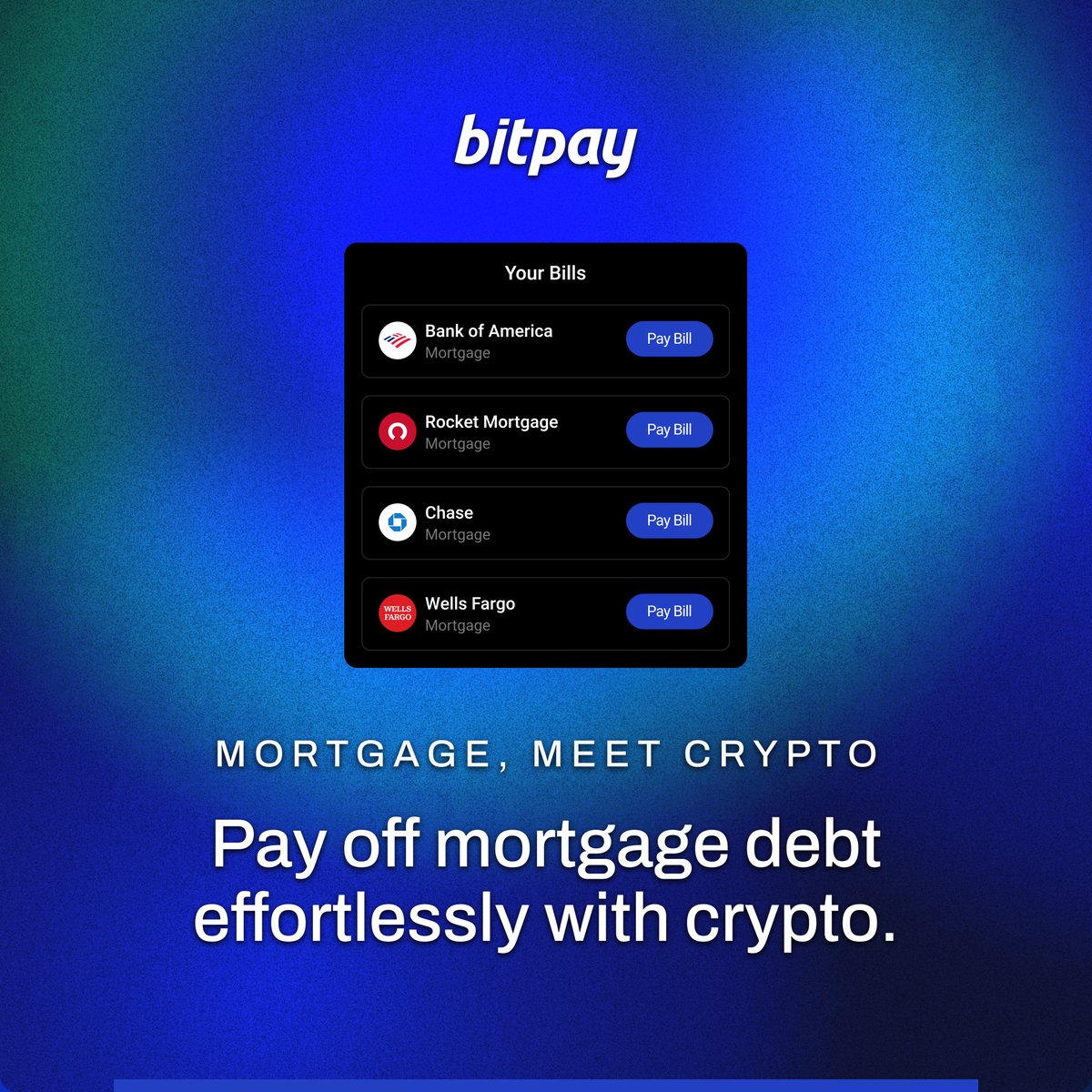 Use Bill Pay to pay your mortgage debt. ✅ Pay no fees until 6/30 ✅ Practically any mortgage lender ✅ 100+ crypto supported - BTC, LTC, ETH, DOGE + more ✅ Wipe mortgage debt monthly or all in one transaction Get started: bitpay.onelink.me/Cenw/741iawkm #BitPay #Bitcoin #crypto