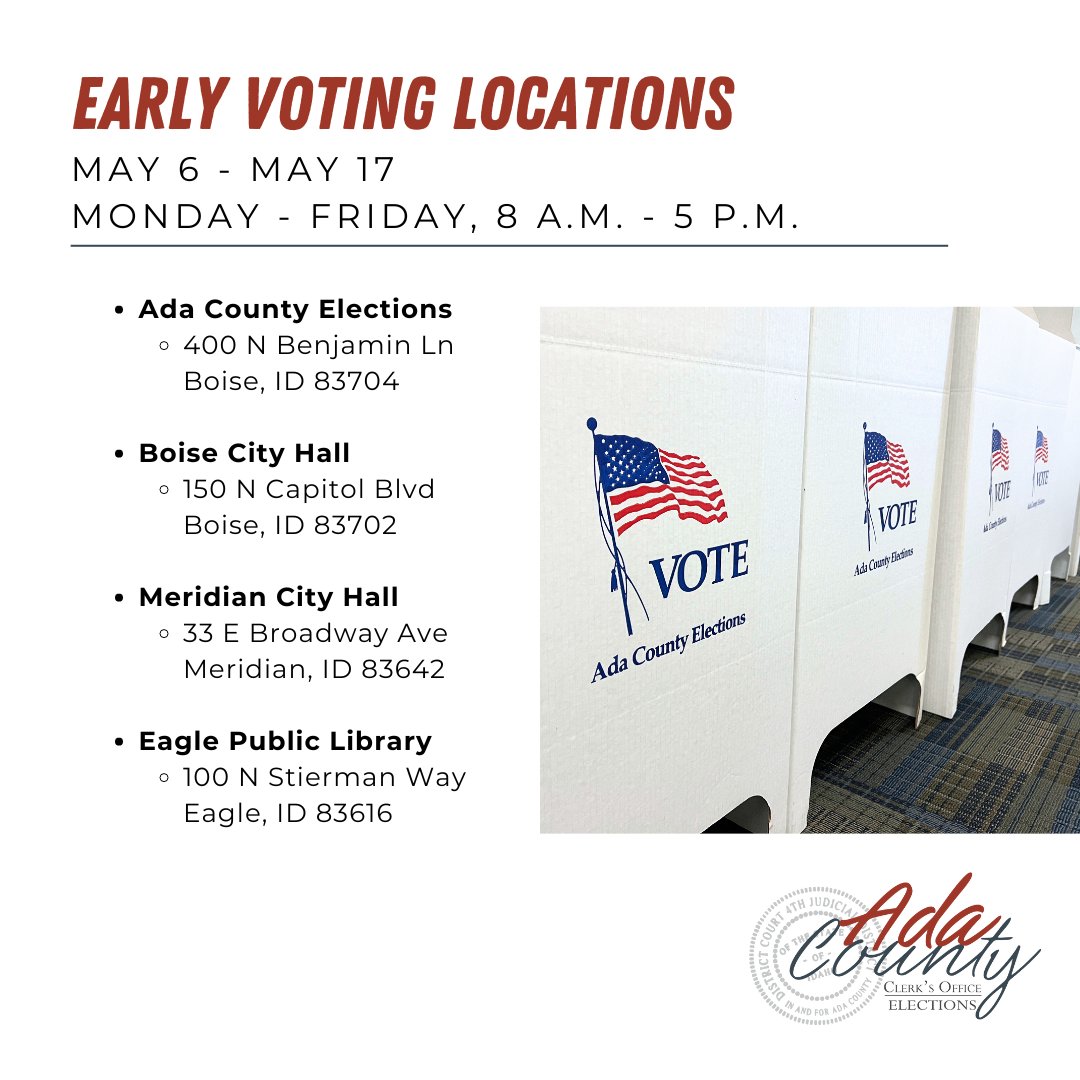 AdaElections's tweet photo. Early voting in Ada County starts TODAY! 🎉🗳️ Visit any of the early voting sites or take advantage of our Mobile Voting Unit and cast your ballot early! https://t.co/oJffovF0c6

☑️ Ada County Elections
☑️ Boise City Hall
☑️ Meridian City Hall
☑️ Eagle Public Library https://t.co/XPSdzMopxa