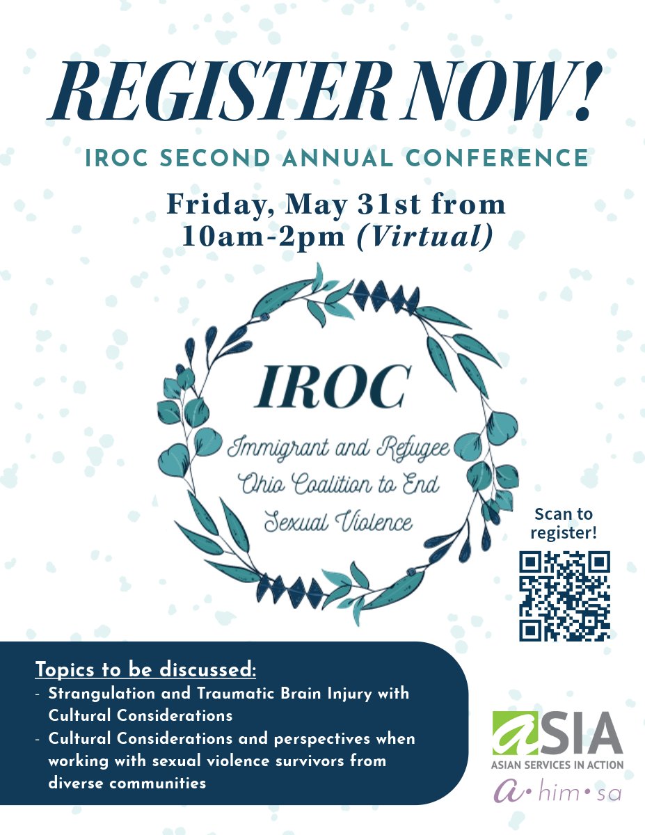 The 2nd Annual Immigrant and Refugee Ohio Coalition to End Sexual Violence will take place on Fri, 5/31! Attend this FREE virtual conference on the effects of strangulation and traumatic brain injury to better inform your work with survivors. forms.gle/7v82XDhe4kxn5Q…