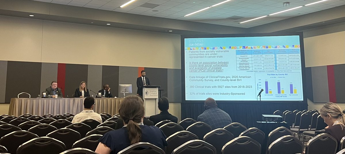 Rounding out #AUA24 with impressive presentations focusing on how we can diversify our clinical trials to better reflect the populations we serve 🌎 @AmandaMyersMD on underrepresentation of women in #BCa trials 🚺 @haqueward on how SVI affects access to #PCa trials