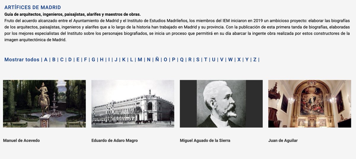 Y por supuesto os recomiendo visitar la Guía completa de arquitectos, ingenieros, paisajistas, alarifes y maestros de obras, la Guía de Artífices de Madrid elaborada por el IEM. Un lujo.
institutoestudiosmadrileños.es/artifices-de-m…