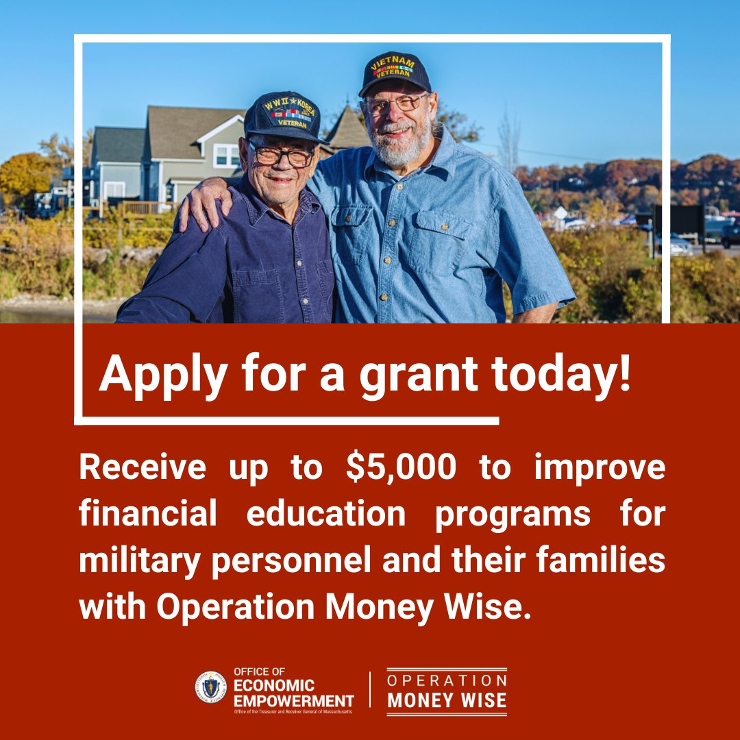 Reminder: Applications for Operation Money Wise close on May 31st! Veteran-serving organizations can receive $5,000 to establish or improve financial literacy programs for the military community. To learn more and apply, visit: mass.gov/how-to/apply-f…
