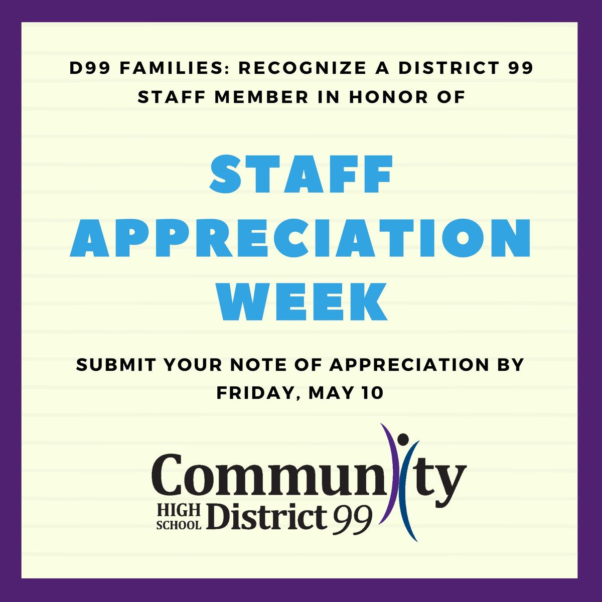 With only two weeks left in the school year, we encourage your family to reflect upon those within District 99 who have made a positive impact on your student’s experience. Submit your note of appreciation by this Friday, May 10: buff.ly/3TKx6Gj #99learns