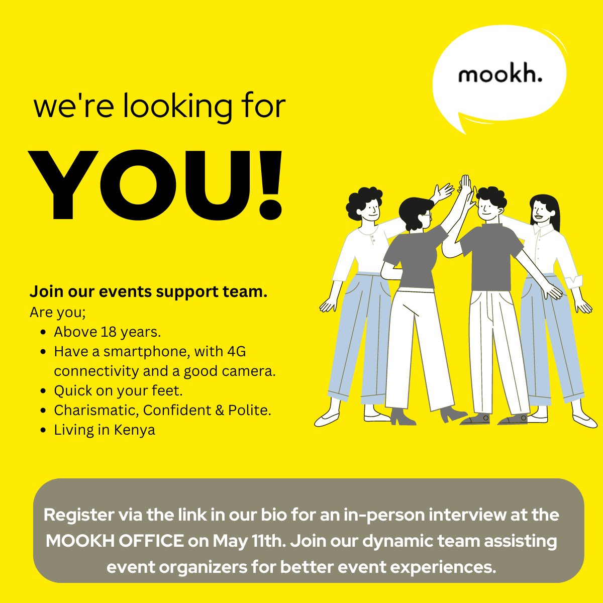 🌟 Join our dynamic team! 🌟 Are you over 18, tech-savvy, quick-thinking, and charming? If so, we want YOU! Register for an in-person interview on Saturday 11th May for a chance to be part of a great team supporting Kenyan event organisers. #IkoKaziKe mookh.com/event/mookh-af…