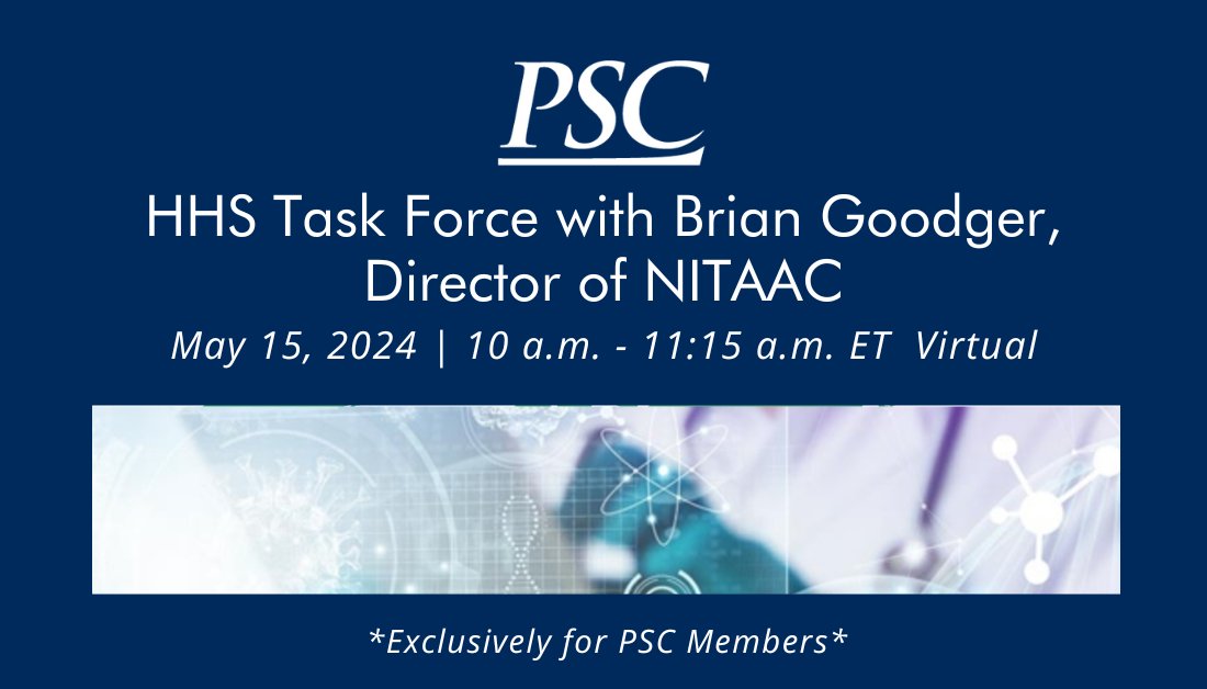 [Just Announced] Please join PSC for a Health and Human Services Task Force meeting as we host Brian Goodger, the Director of @NIH_NITAAC and the Associate Director for the Office of Logistics and Acquisition Operations (OLAO) in the Office of the Director of the @NIH.