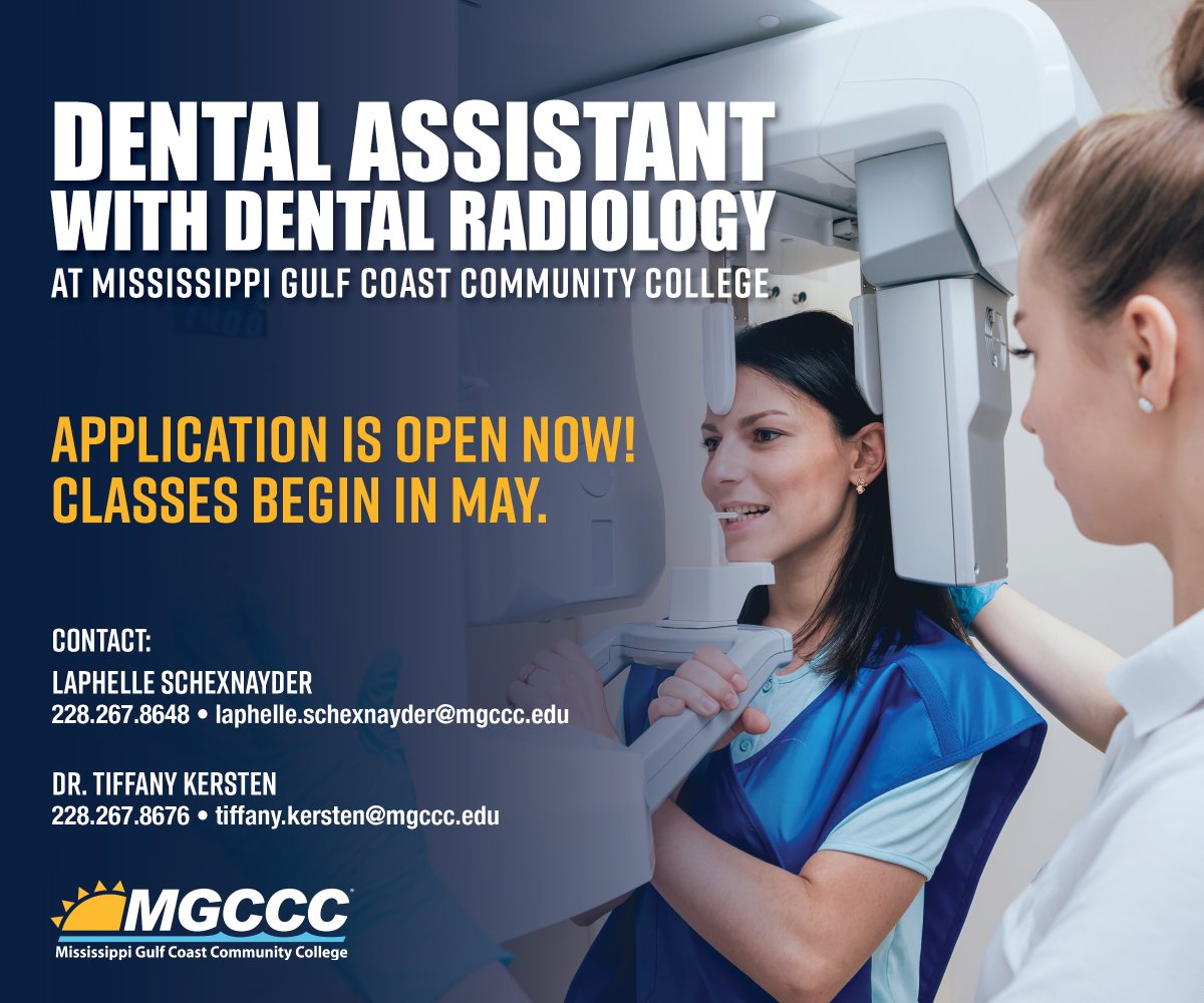 Interested in a career in Dentistry? Apply to our Dental Assistant with Dental Radiology program! This is a five-week program! For details, contact Dr. Tiffany Kersten at tiffany.kersten@mgccc.edu or Laphelle Schexnayder at laphelle.schexnayder@mgccc.edu