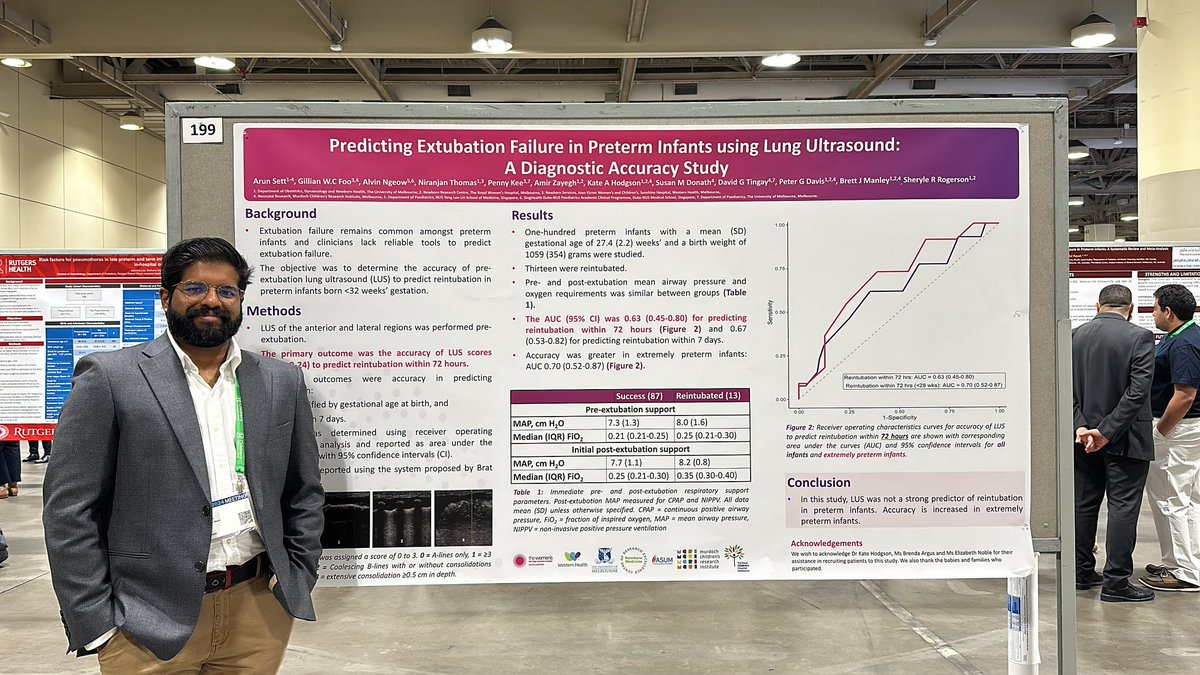 Check out poster 199 on the use of LUS to predict extubation failure. Great work by Dr. Sett #neotwitter #pas2024 #neopocuscollab #pocus #nicu
