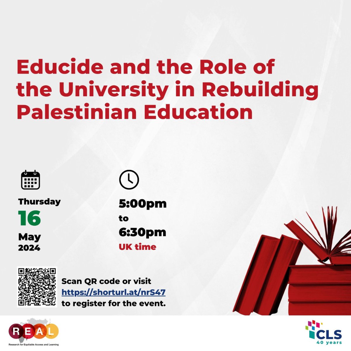 We are pleased to be hosting @hzomlot in keynote address on: Educide and the Role of the University in Rebuilding the Palestinian Education System.  May 16 · 5-6:30pm UK in person only Register now: eventbrite.co.uk/e/educide-and-… Organized with @REAL_Centre