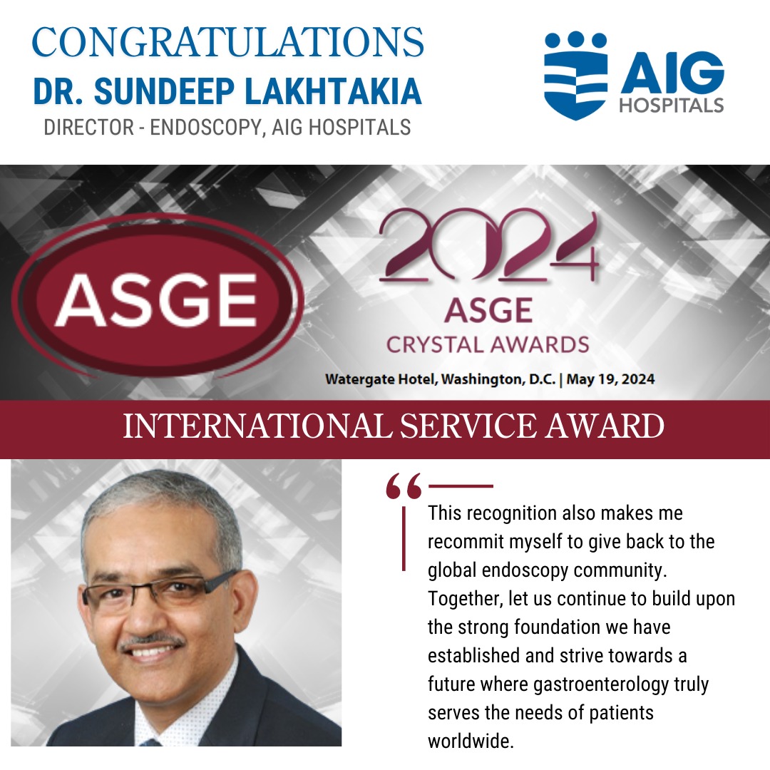 Hearty congratulations to @DrLakhtakia for this global recognition from the American Society for Gastrointestinal Endoscopy (ASGE). Given your contribution to GI endoscopy, this one is truly deserved.
#AIGHospitals #ASGE #CrystalAwards  #International #Service #Award  #Endoscopy