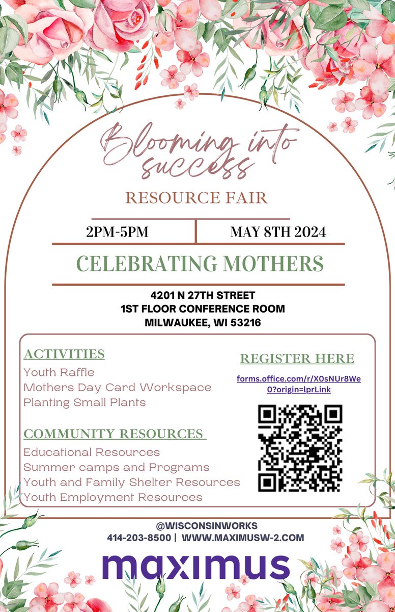 Maximus is hosting the Blooming Into Success Resource Fair this Wednesday!

Stop by to check out the Mothers day themed activities and connect with resource providers. 

To register, visit: ow.ly/zU4x50RsYaj #mothersday #communityresources