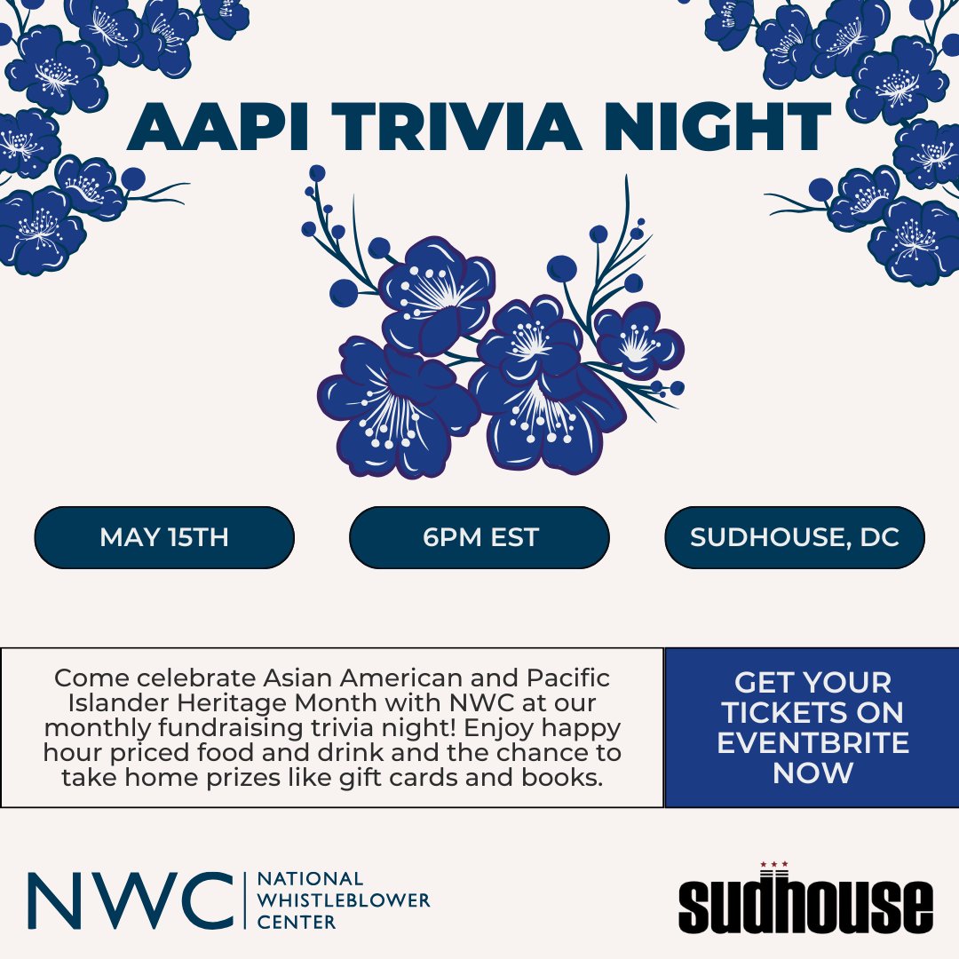 Celebrate #AAPIMonth with NWC at our upcoming #trivianight. Join us on May 15th at Sudhouse, DC at 6PM for a fun, fundraising night of happy hour priced food and drink and the chance to win gift cards and books! Get your tickets today ➡️ ow.ly/1Ms550Ru4PL