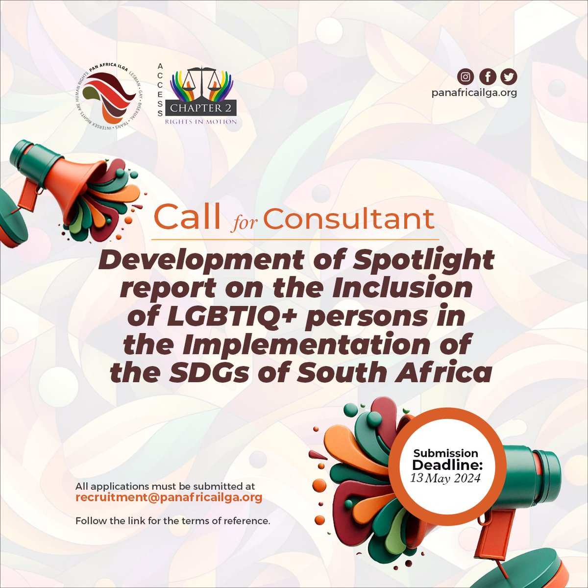 Call for Consultant: Development of spotlight report on the inclusion of LGBTIQ+ persons in the implementation of the SDGs of South Africa Deadline for submission: 13 May 2024 Follow the link for the terms of reference: tr.ee/oat0ni9bdO