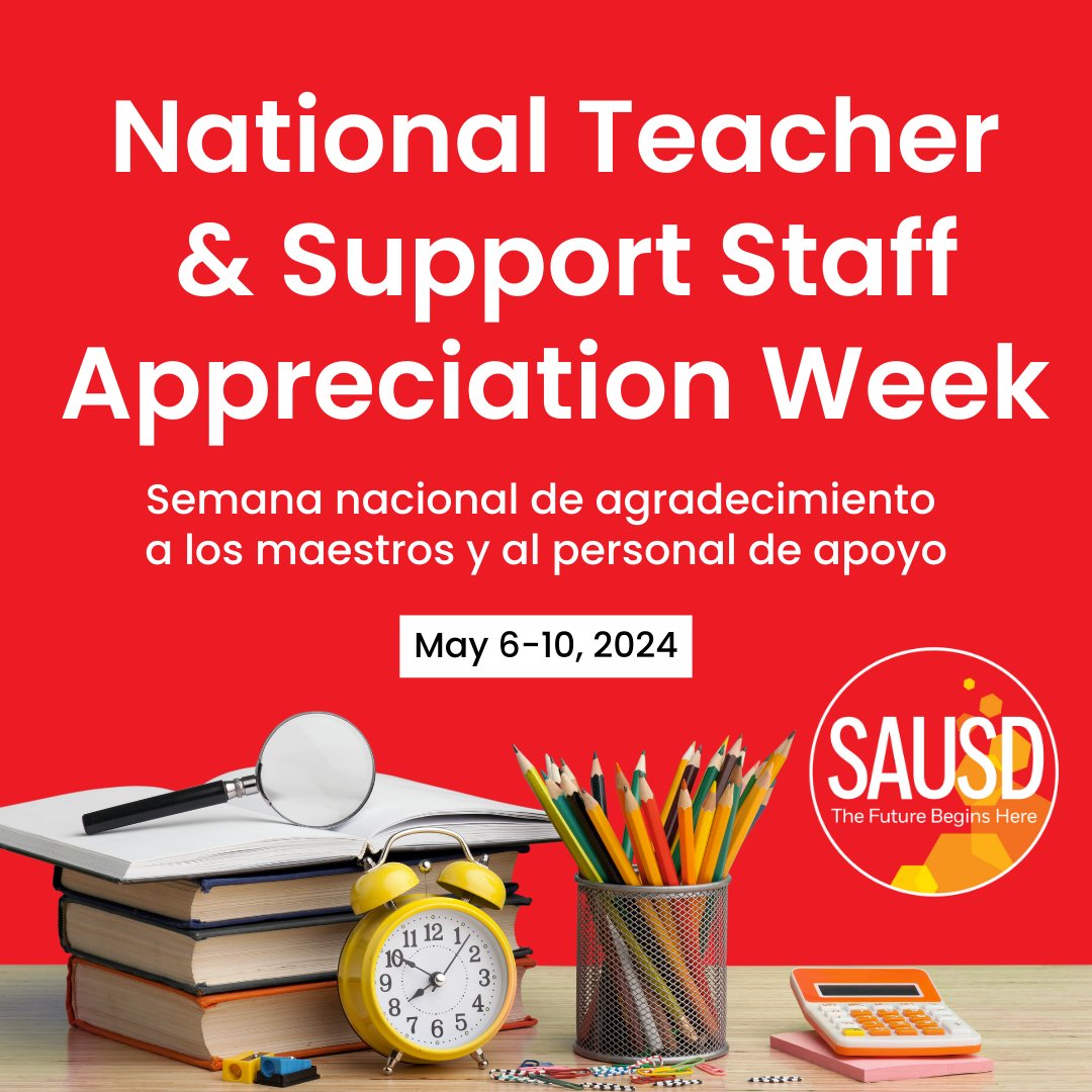 ❤️📚Celebrate National Teacher/Support Staff Appreciation Week with us by recognizing the incredible teachers and support staff at #SAUSD! 🎉 Read the resolution passed by our Board honoring their dedication here: bit.ly/4b2HdfO #WeAreSAUSD #SAUSDBetterTogether